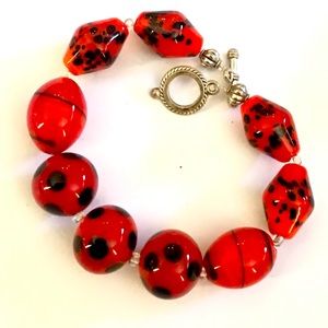 Murano Glass Red & Black Bead Bracelet XL 10” long